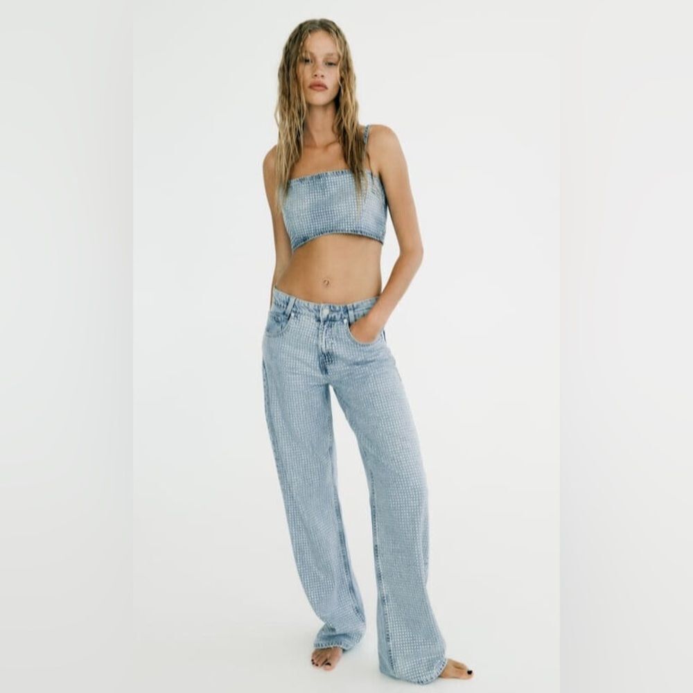 ZARA NEW WOMAN LIGHT BLUE DENIM RHINESTONE CROP TOP